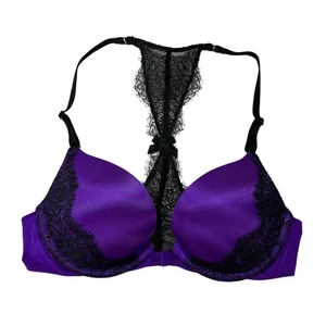 Victoria's Secret Very Sexy Push-Up Bra 32B Racerback Satin Purple Black Lace - Picture 1 of 7