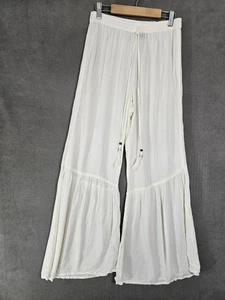 Angie Y2K Wide Leg Flare Cream Pants Drawstring Fairy Boho Crinkle Medium - Picture 1 of 10