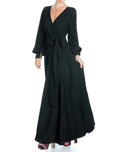 MEGHAN LA LILYPAD WRAP MAXI 70'S INSPIRED BLACK DRESS SZ M - Picture 1 of 13