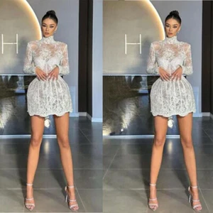 Abito da sposa corto spiaggia collo alto sexy pizzo applicazioni manica lunga - Foto 1 di 9