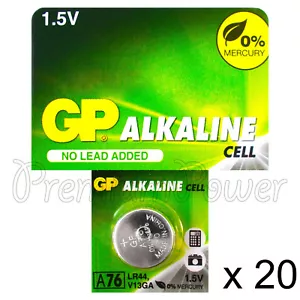 Batterie 20x GP Alcaline A76 LR44 1.5V AG13 303 357 V13GA L1154 SR44 - Foto 1 di 1