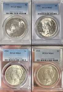 1922 1923 1924 P PCGS MS63 & 1925 MS64 Peace Dollar Coins Beautiful 90% Silver! - Picture 1 of 9