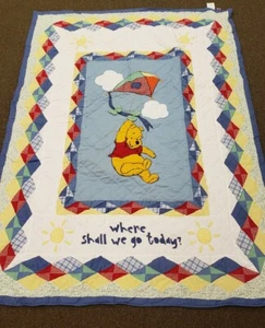 Disney Winnie The Pooh Bed Comforter Vtg Blue Cloud Quilt Blanket 5'× 7' - Picture 1 of 7