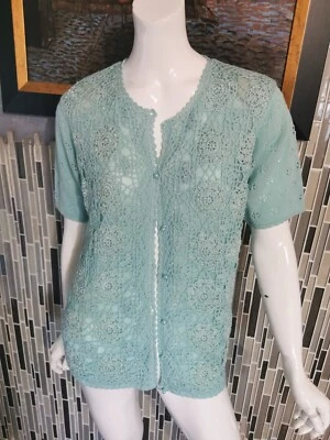 Jaclyn Smith Womens Crochet Knit Cardigan Size L Green Button Up Short Sleeve006 - Image 1 of 4
