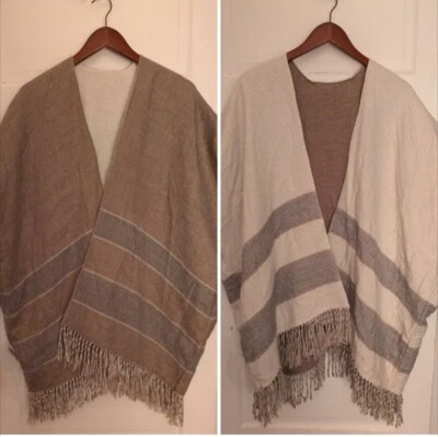 Peruvian Alpaca Ruana Wrap Reversible Open Front Brown/Ivory/Gray Stripes Fringe - Image 1 of 4