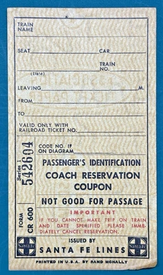 BLANK RAILROAD COACH RESERVATION COUPON: 1960s Santa Fe Railway - Form CR600 - Image 1 of 2