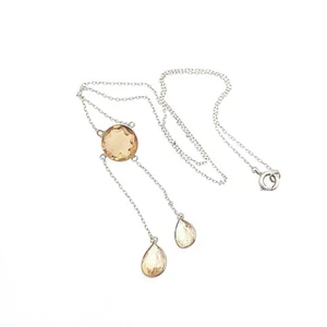 Antique Victorian Sterling Silver Citrine Pendant Necklace Quartz Lariat - Picture 1 of 10