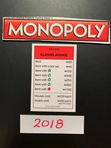 Monopoly 2018 ILLINOIS AVENUE Title Deed Card Replacement Card HASBRO - Picture 1 of 4