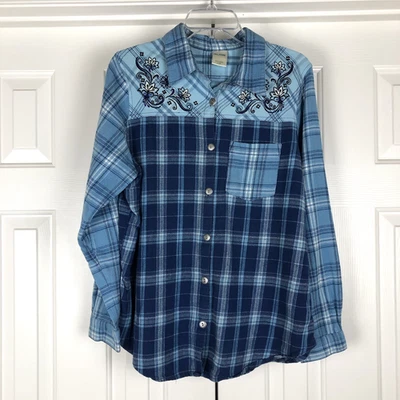 Camisa de franela a cuadros Blair para mujer grande bordada azul retazos vintage boho Foto 1 de 4