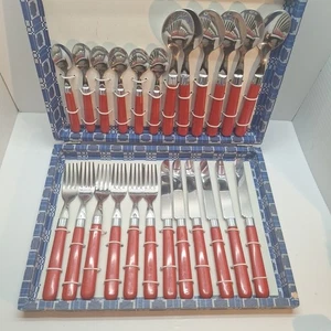 Vintage Cutlery Set Red Handles INOX Made In Italy 24 Pieces Original Box - Bild 1 von 15