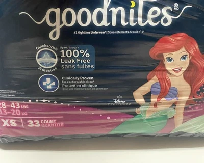 Roupa íntima feminina 33ct Goodnites Night Time tamanho XS (28-43 lb) Little Mermaid - Imagem 1 de 3