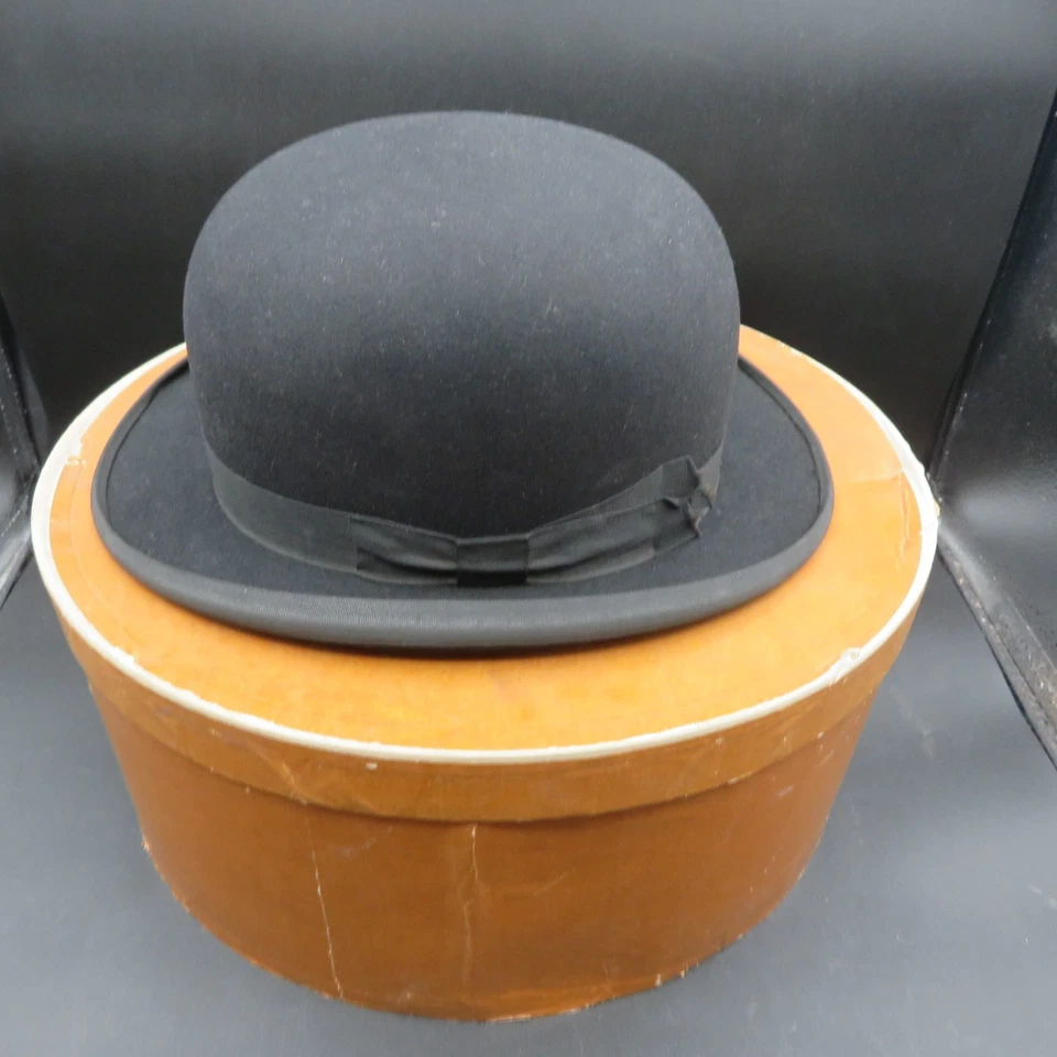 Chapéu Bowler Derby Masculino Antigo Vintage Stetson Pele Preta Anos 1900 6 7/8 Muito Bom Estado Usado - Imagem 1 de 4