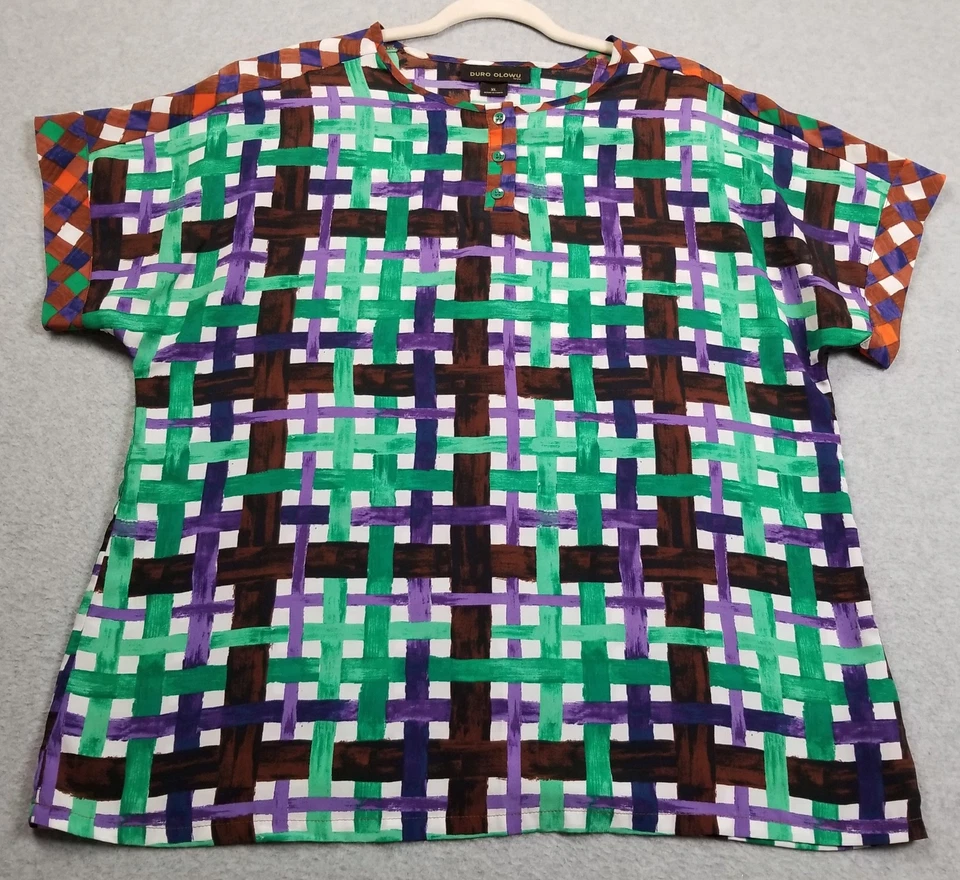 Duro Olowu Top Women’s Extra Large XL Plaid Short Sleeve Blouse Lightweight Thin - Image 1 of 4