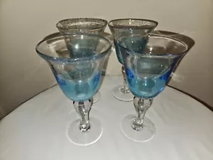 Set of 4 Artland Blown Glass Style Blue Clear Bubble Water Goblet 8" Tall - Picture 1 of 6