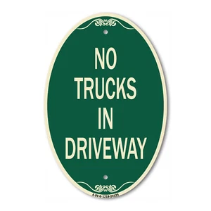 Driveway Sign No Trucks in Driveway 12" x 18" Green & Tan Aluminum Oval Sign - Picture 1 of 4