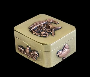 CHOICE! Taisho Era Brass Kogo - cut corners applied copper floral & bird decor - Picture 1 of 10