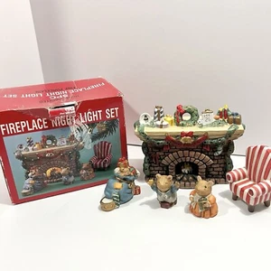 Vtg Christmas 5 Piece Porcelain Fireplace Night Light Set Boy Girl Mouse - Picture 1 of 23