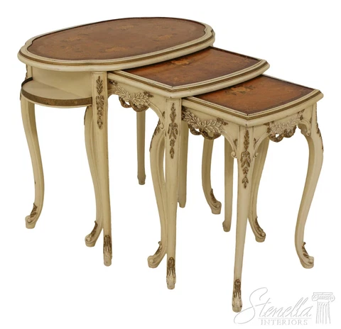 F57358EC: Vintage 1950s French Inlaid Stack Nesting Tables Cover