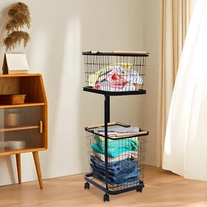 Black Metal Laundry Basket With Wheels 2-tier Laundry Basket Rectangular Iron - Picture 1 of 15