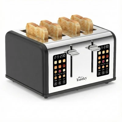 Toastley 4 Slice Smart Toaster, Wide Slots, Dual Screens, Digital Timer, Black - Image 1 of 4