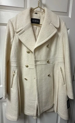 Guess White  Lined Double Breasted Wool/Poly Gold Button Pea Coat 54163 SZ XL - Image 1 of 4