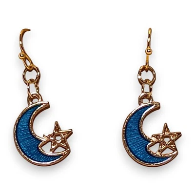 Pendientes Colgantes Luna y Estrella Tono Dorado Esmalte Azul Media Luna Perforado Celestial Foto 1 de 4