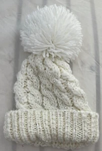 Peacock Womens White Winter Woolly Hat Cable Knit Bobble Beanie With Pom Pom - Picture 1 of 1
