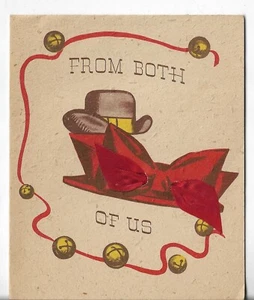 Vtg CHRISTMAS CARD-approx 4x5 From Both of Us - Derby Hat & Ladies Fancy Hat - Picture 1 of 3