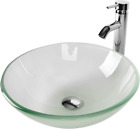 Tempered Glass Vessel Bathroom Vanity Sink round Bowl with Chrome Faucet Pop-Up 