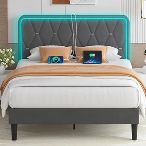 Upholstered Queen Bed Frame with Headboard Adjustable, Velvet Platform Bed with - Picture 1 of 7