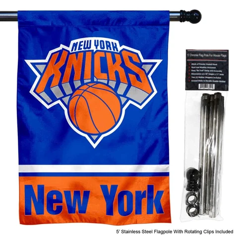 New York Knicks House Flag and Chrome 5 Foot Flag Pole Cover