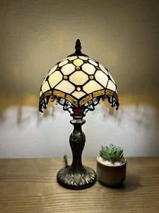 Tiffany Style Mini Table Lamp Gold Stained Glass Crystal Beans LED Bulb 14"H*8"W - Picture 1 of 8