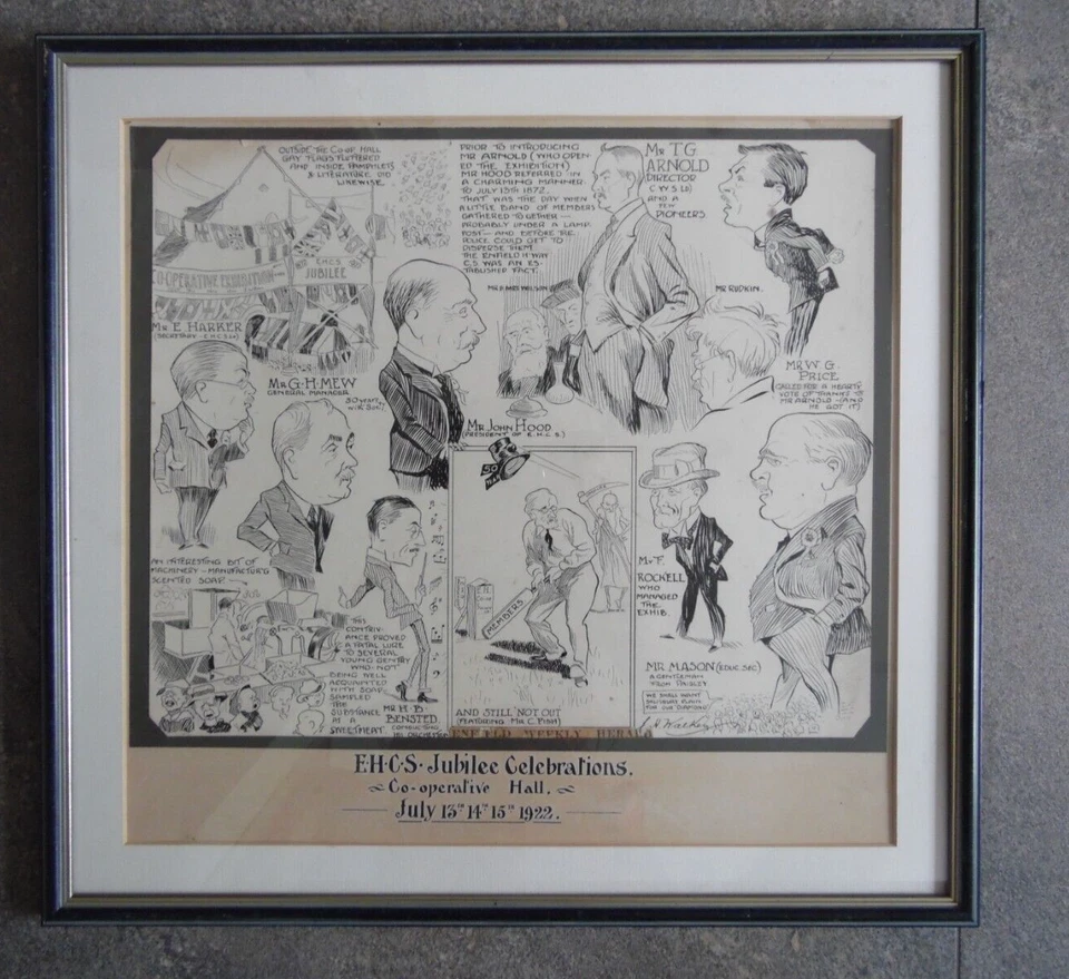 Enfield Highway Co-op. Society Jubilee 1922 Portrait Caricatures by J K Walker - Image 1 of 4
