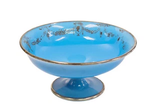 ANTIQUE 19c BLUE OPALINE GOLD DECORATED GLASS PEDESTAL BOWL - Picture 1 of 24