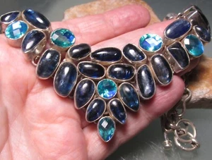 925 silver 94gr blue kyanite & cut blue mystic quartz 17.5 inch necklace. - Picture 1 of 5