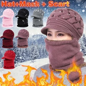 Women Bib Beanie Hat Pom Bobble Scarf Mask Set Knitted Winter Warm Snow Ski Cap - Picture 1 of 14