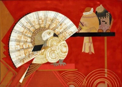 Panel – Jean Dunand 1923 Art Deco Decorative Birds and Fan Design Print - Image 1 of 2