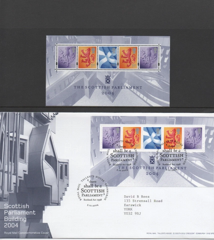 GB 2004 SCOTTISH PARLIAMENT MINI SHEET MSS152 MNH + ADDRESSED  FDC SHS EDINBURGH - Image 1 of 1