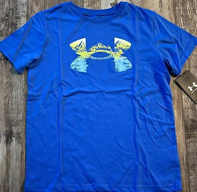 NWT Under Armour YLG Blue/Yellow Mountain Scene BIG LOGO Shirt Large - Image 1 of 2
