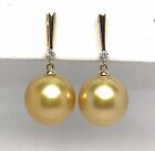 Exquisite 18ct. Yellow Gold Earrings: 13mm. South Sea Pearls & 0.10ct Diamonds