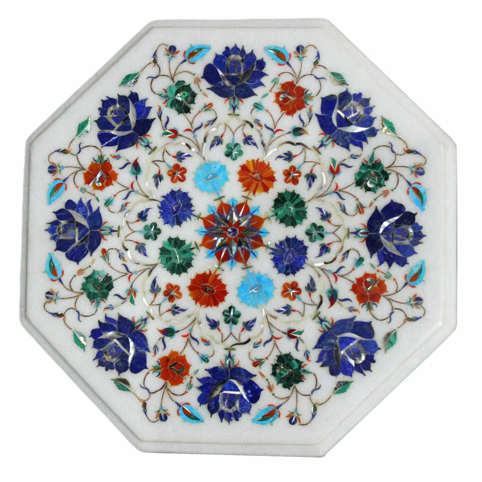 15" Marble Table Top Semi Precious Stones Inlay Handmade Home /office Decor - Image 1 of 1