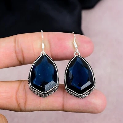 Blue Sapphire Lab-Created Gemstone 925 Sterling Silver Handmade Jewelry Earrings - Image 1 of 4