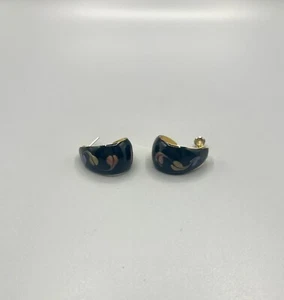 Yellow Gold Plated Earrings 3/4 Hoop Hand Painted Black Leaf Design Vintage - Picture 1 of 11
