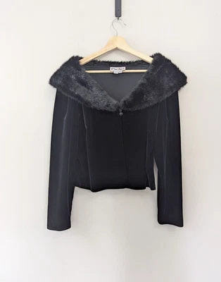 Cárdigan de terciopelo con cuello de piel sintética negro vintage talla XL Foto 1 de 4