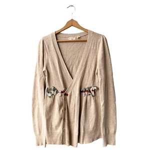 Anthropologie Sleeping on Snow Cashmere Wool Cardigan Floral Applique Snap Sz L - Picture 1 of 3