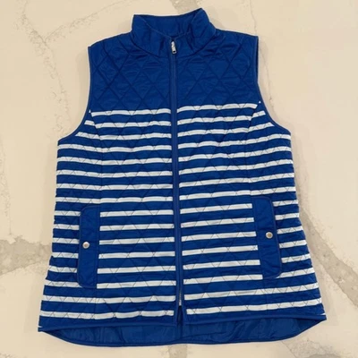Talbots Diamond Quilted Full Zip Striped Puffer Vest Women’s Medium Blue/White - Image 1 of 4