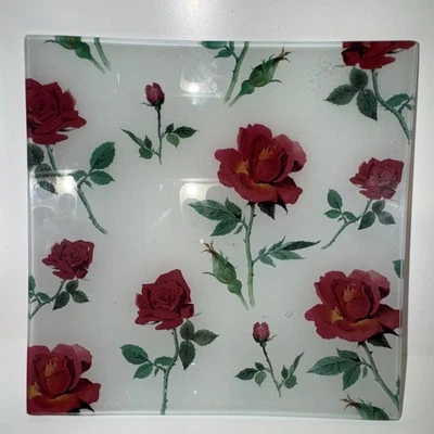 "Juego de 2 platos de postre rosa diseño floral vidrio cuadrado 5,5"" X 5,5"" baratijas" Foto 1 de 4