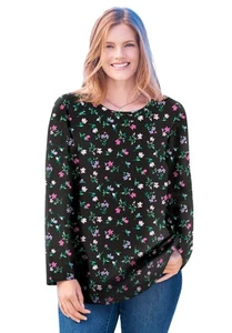 Woman Within Plus Size Perfect Printed Long-Sleeve V-Neck Tee - Picture 1 of 42