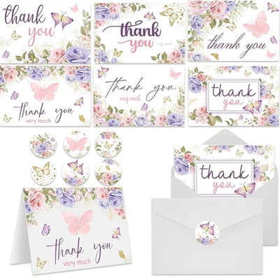 60 Pieces Butterfly Floral Baby Shower Thank You Cards,Purple Thank You Cards In - Image 1 of 4
