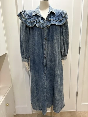 Vtg 80s Acid Wash Denim Ruffle Dress Oversized Shoulders Dress Or Jacket  - Image 1 of 4